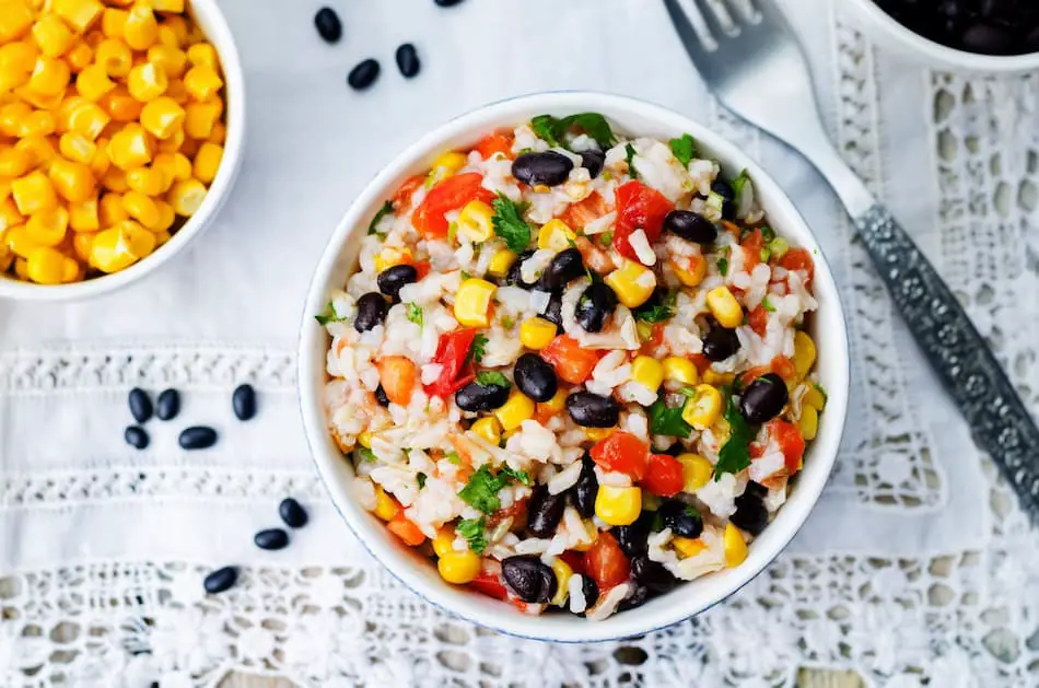 Bowl and rice and beans with corn