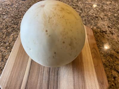 1 whole cantaloupe on a cutting board on a granite counter top.

